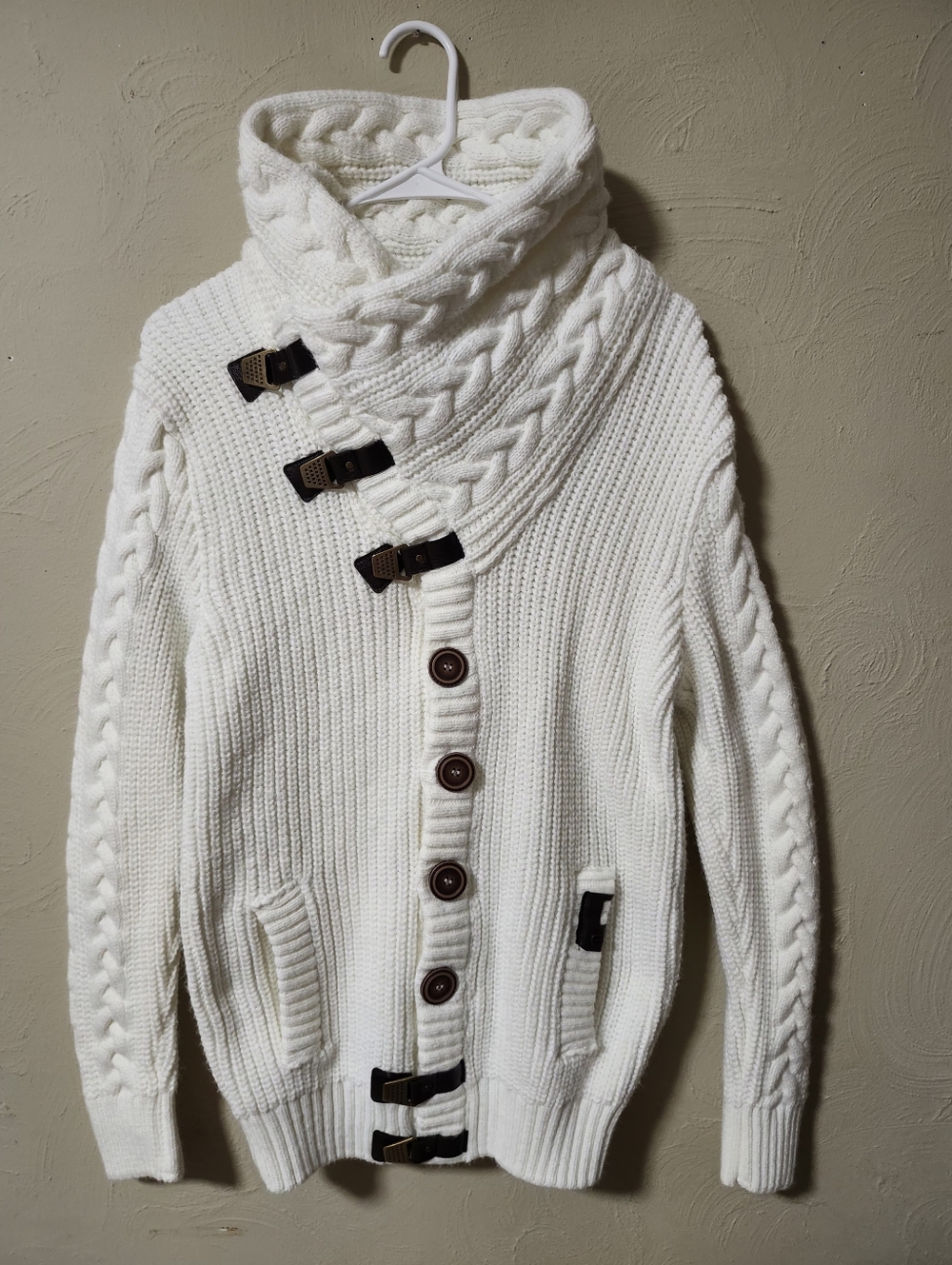 Leif Nelson Chunky Cable Knit Toggle Cardigan - Cream